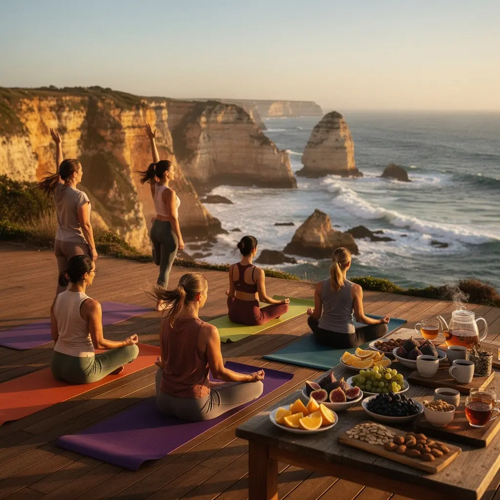 Praticantes de yoga meditando em um ambiente tranquilo, cercados pela natureza exuberante.