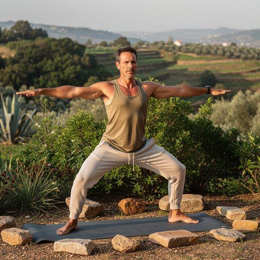 Retiro de yoga ao ar livre com praticantes realizando posturas sob a luz do sol.